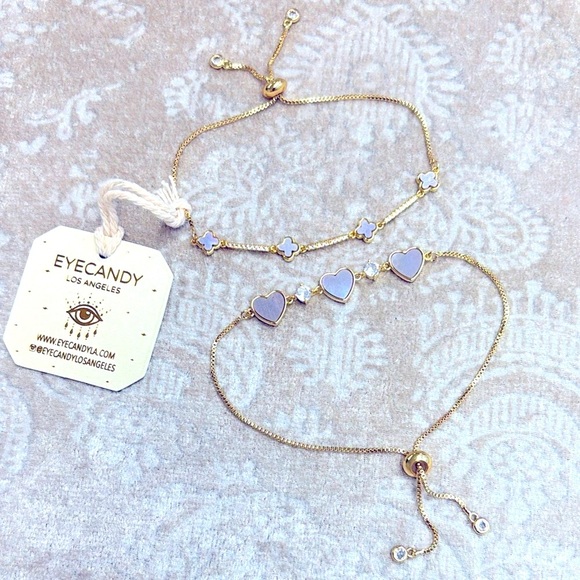 Brand New Eye Candy Set of 2 Gold Tone Adjustable Bracelets Hearts Clovers - Picture 1 of 13
